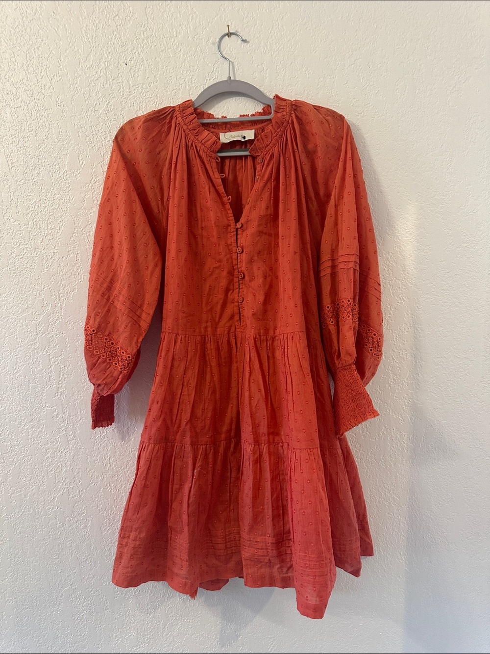 Cleobella Coral Button-Front Ruffle Eyelet Sample Long Sleeve Dress *READ